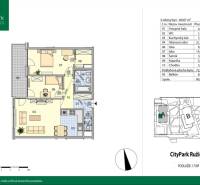 Floor plan of a 3-room apartment with a balcony, kitchenette, and two rooms in CityPark Ružinov.