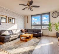 Living room in a three-room apartment with a leather sofa, wooden decor flooring, and large windows.