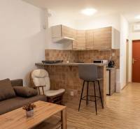 A studio apartment with a wood-patterned floor, a kitchenette, and a comfortable sofa.