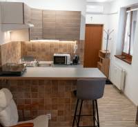 Studio apartment with a kitchenette, bar counter, and floor with wood decor.
