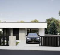 Family house in Nesvady, concrete fence, car, tree vegetation, minimalist architecture.