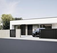 A family house in Nesvady with a white facade, a black fence, and a parked car.