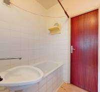 Bathroom with white tiles, a bathtub, and wooden doors in a two-room apartment.
