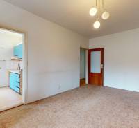 Living room in a two-room apartment with a carpet and wooden furniture, open doors to the kitchen.