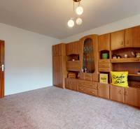 Living room in a two-room apartment with a large wooden wall unit and a carpet.