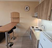 Compact studio apartment with a kitchenette, bar counter, and sofa, wooden decor flooring.