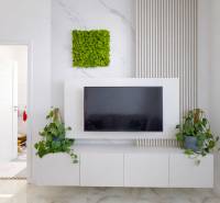 A television on the wall in a 3-room apartment, decor with plants, white cabinets.