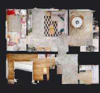 3-room apartment with wood-patterned flooring and tiles, room layout from above.