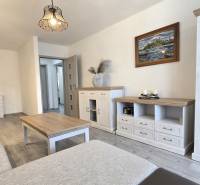 Living room in a 2-room apartment with light furniture and a wooden decor floor.
