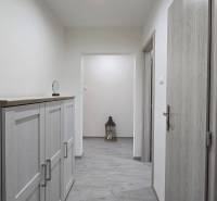 A hallway with a wood-patterned floor in a 2-room apartment, furniture on the left side.