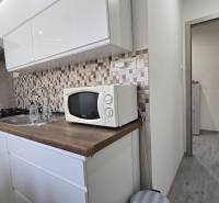 A kitchen in a 2-room apartment with white cabinets, a microwave, and wooden decor.