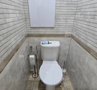 Bathroom from a 2-room apartment with a toilet and a floor with a wooden decor.
