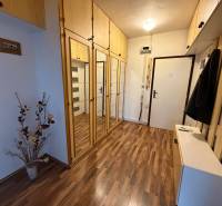 A hallway of a 3-room apartment with a wooden decor floor and mirrored wardrobes.