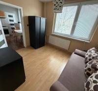 A room in a 3-room apartment with a wooden decor floor and simple furniture.