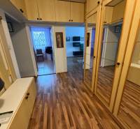 A hallway in a 3-room apartment with a wooden decor floor and built-in wardrobes.