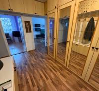 Entrance hall in a 3-room apartment with a wooden decor floor and mirrored wardrobes.