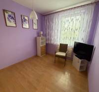 Purple room in a 3-room apartment with a wooden decor floor, an armchair, and a television.