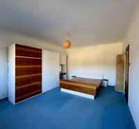 A room in a family house with a blue carpet, wooden furniture, and a simple chandelier.