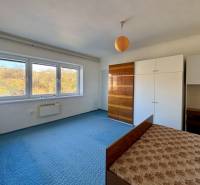 A bedroom in a family house with a blue carpet, cabinets, and large windows.