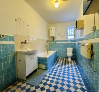 Blue and white tiles in the bathroom of a family house, with a bathtub and a sink.