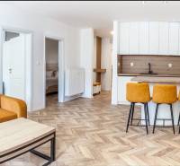 Recreational apartment with a sofa, kitchen counter, and wood-patterned flooring.