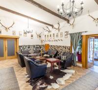 Interior of a holiday apartment with a leather sofa set, corners, and a floor with a wooden decor.