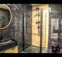 Bathroom in a holiday apartment with black tiles and a shower enclosure.