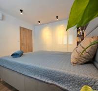 Bedroom in a 2-room apartment with a bed, wardrobe, plant, and floor with a wooden decor.