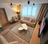 Living room in a 2-room apartment with a comfortable sofa, coffee tables, and a wooden decor floor.