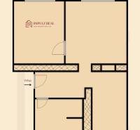 Floor plan of a 2-room apartment on Jilemnického shows the arrangement of rooms and the entrance.