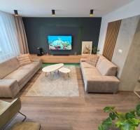 Living room in a 2-room apartment with sofas, a television, and a wooden decor floor.