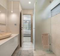 A bathroom in a family house with a large mirror, a sink, and a glass shower.