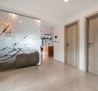 Interior of a family house with a glass wall and two wooden doors.