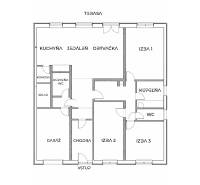 Floor plan of a family house with three rooms, a garage, a terrace, and a kitchen connected to the living room.