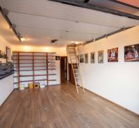 A garage in a family house with shelves, a wooden decor floor, and a retractable ladder.