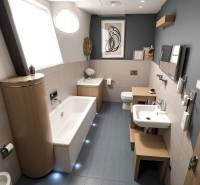 Bathroom in a family house with a sink, bathtub, and toilet. Floor with wood decor.