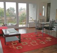 Living room in a family house with a wooden decor floor and a red carpet.