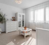 A bright room with a glass display case, white furniture, and plants in a 4-room apartment.