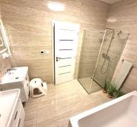 A bathroom in a family house with a bathtub, shower, and double sink.