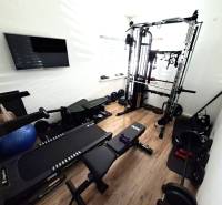 Home gym with various exercise machines and a wooden decor floor.