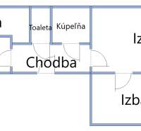 Floor plan of a 3-room apartment with a kitchen, bathroom, toilet, and loggia.