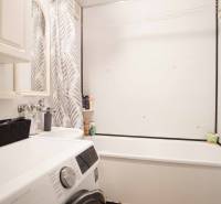 A bathroom in a 3-room apartment with a shower curtain, a washing machine, and storage space.