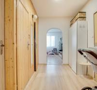 A hallway in a 3-room apartment with a wooden decor floor, with a wardrobe and doors.