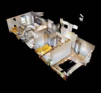 Virtual model of a 3-room apartment with wood-patterned flooring.