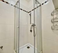 A shower corner in the bathroom of a one-room apartment with white tiles and glass doors.