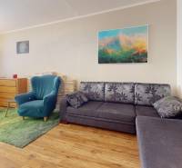 Living room with wood-patterned flooring in a 4-room apartment, comfortable seating, and decorations.