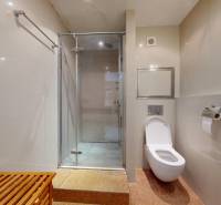 Bathroom with a shower and toilet in a 4-room apartment, glossy tiles, bench.