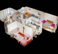 3D floor plan of a 4-room apartment with wood-patterned flooring.