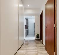 A hallway in a 2-room apartment with a wooden decor floor, a wardrobe, and fixed lighting.
