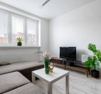 Living room in a two-room apartment, sofa, television, plants, white wall, floor with wooden decor.